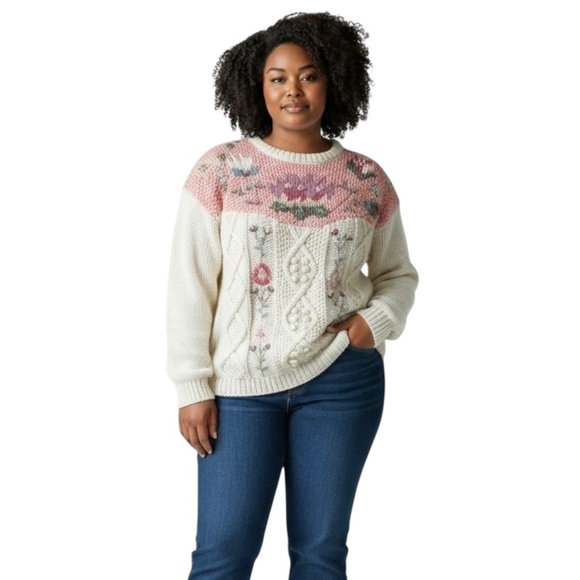 East West | Vintage Floral Cable Knit Sweater | L | Cottagecore | Embroidered - Picture 15 of 15